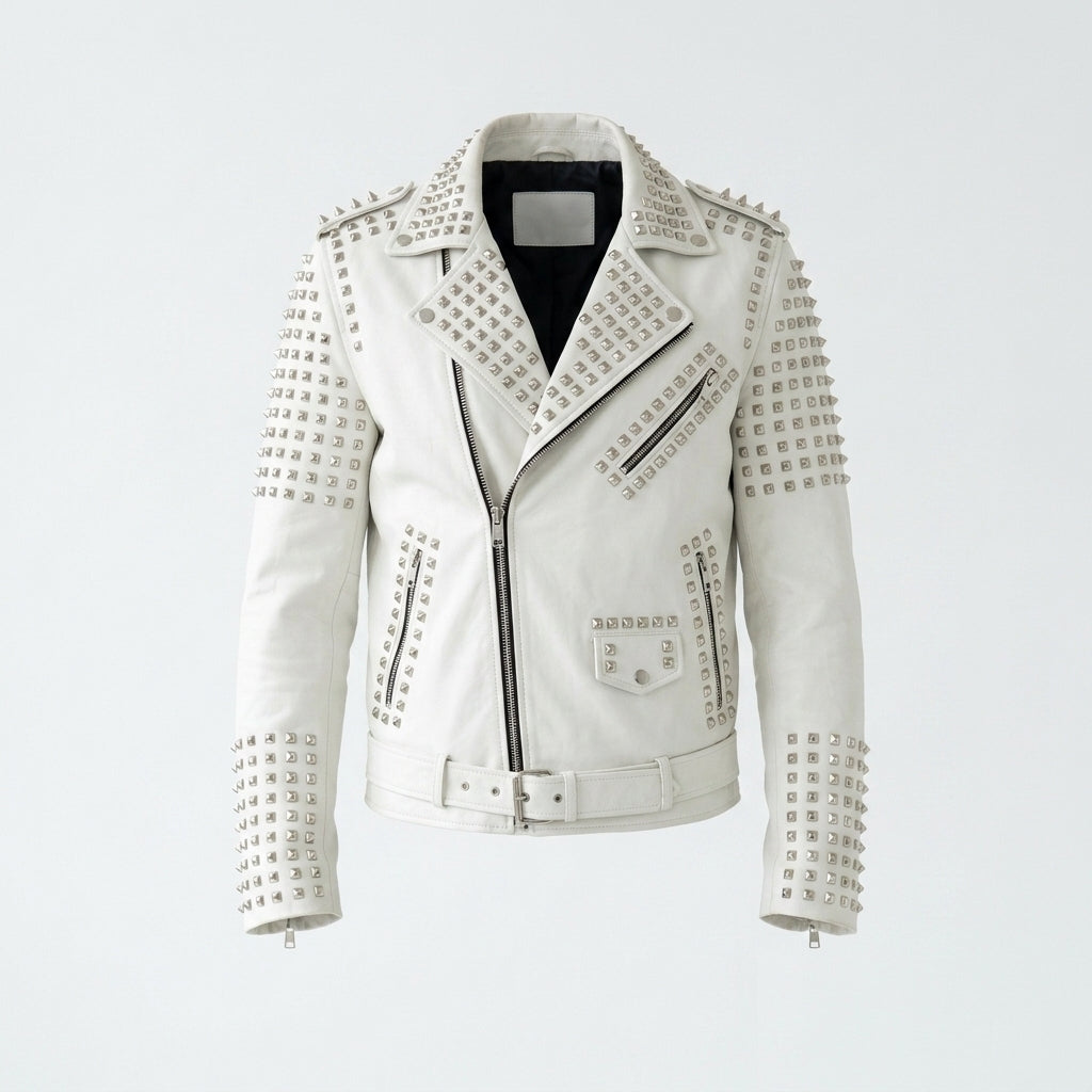 Men's White Studded Leather Jacket – Rock Punk Motorcycle Jacket