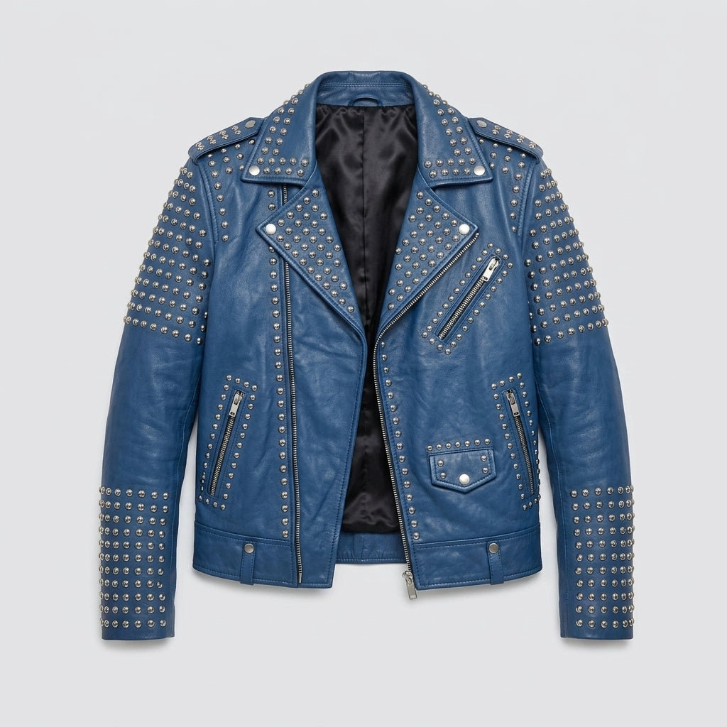 Men's Blue Studded Leather Jacket – Vintage Punk Moto Jacket