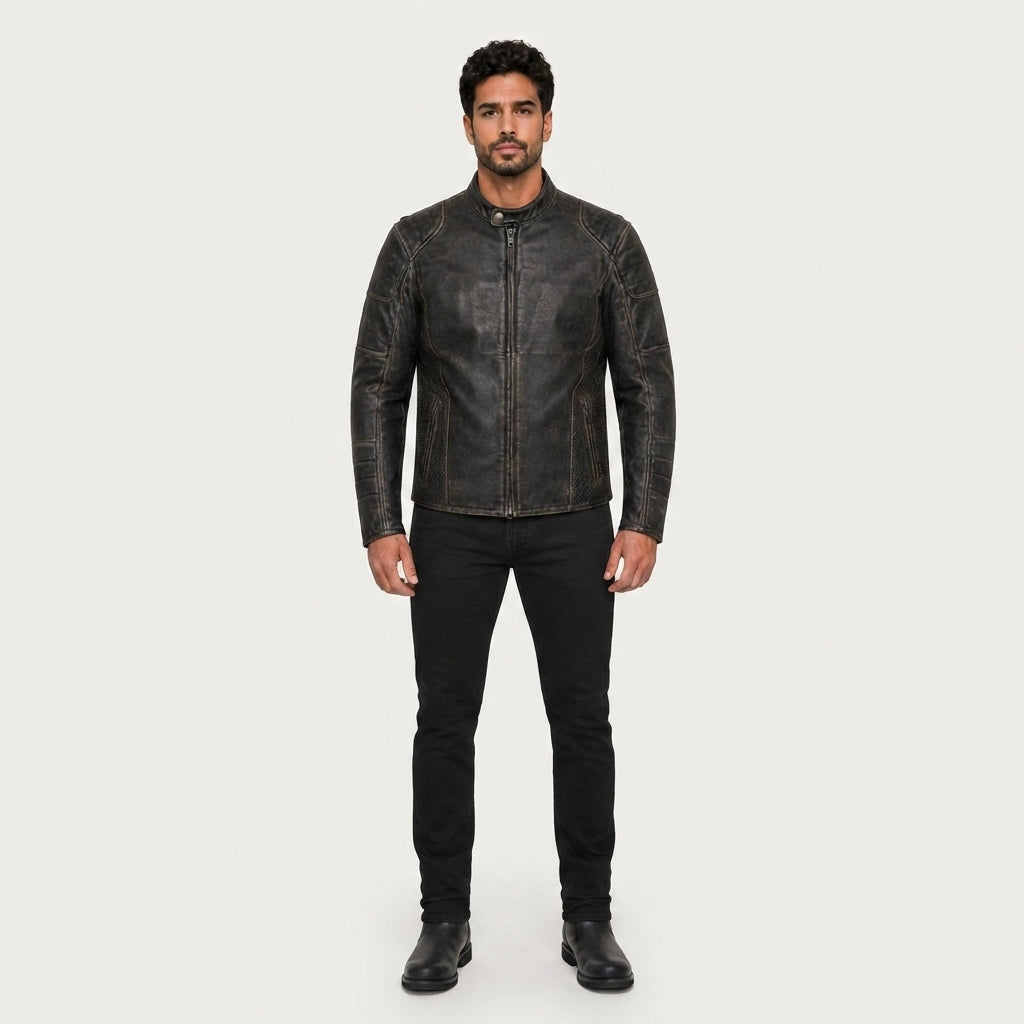 Men's Distressed Leather Biker Jacket