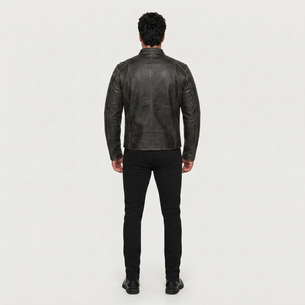 Men's Distressed Leather Biker Jacket