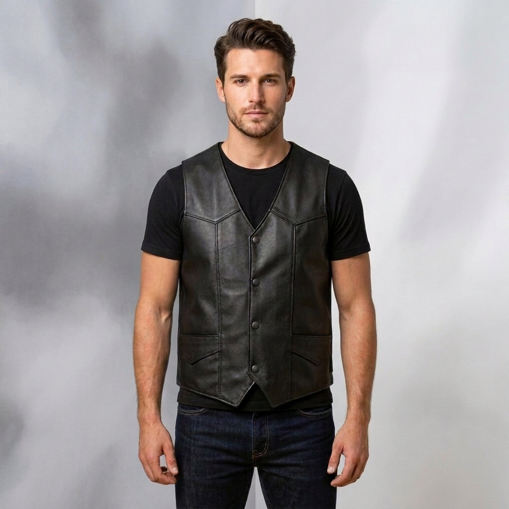 Men's Genuine Leather Vest Classic Motorcycle Biker Vest