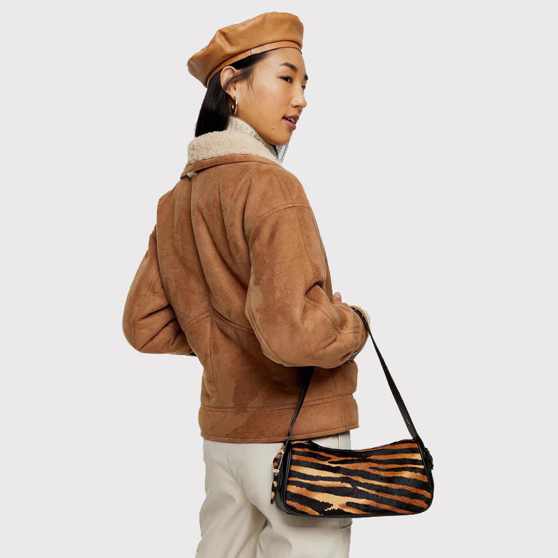 Trendy Nutty Brown Faux Shearling Leather Jacket